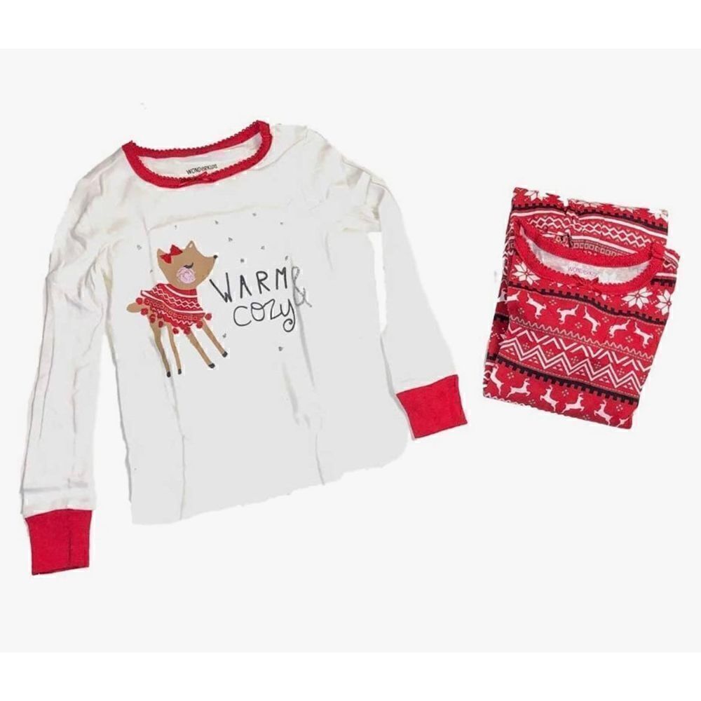 NWT WonderKids 3 Piece Tight Fit PJ Set Warm & Cozy Reindeer/Red Fair Isle 3T